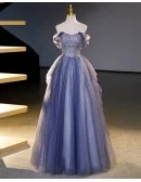 Fantasy Bling Blue Ballgown Tulle Prom Dress Off Shoulder