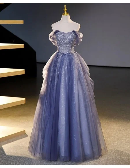 Fantasy Bling Blue Ballgown Tulle Prom Dress Off Shoulder
