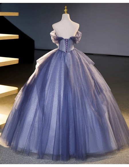 Fantasy Bling Blue Ballgown Tulle Prom Dress Off Shoulder