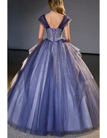 Fantasy Bling Blue Ballgown Tulle Prom Dress Off Shoulder