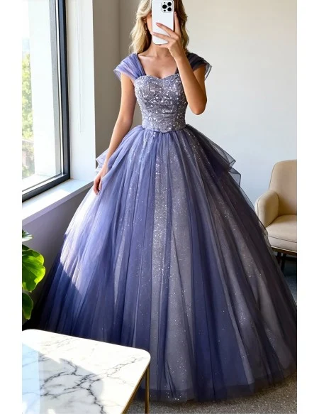 Fantasy Bling Blue Ballgown Tulle Prom Dress Off Shoulder