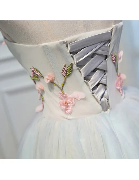 Light Grey Blue Beautiful Florals Short Prom Homecoming Dress Strapless