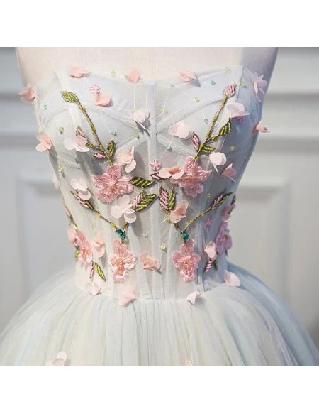 Light Grey Blue Beautiful Florals Short Prom Homecoming Dress Strapless
