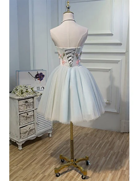 Light Grey Blue Beautiful Florals Short Prom Homecoming Dress Strapless