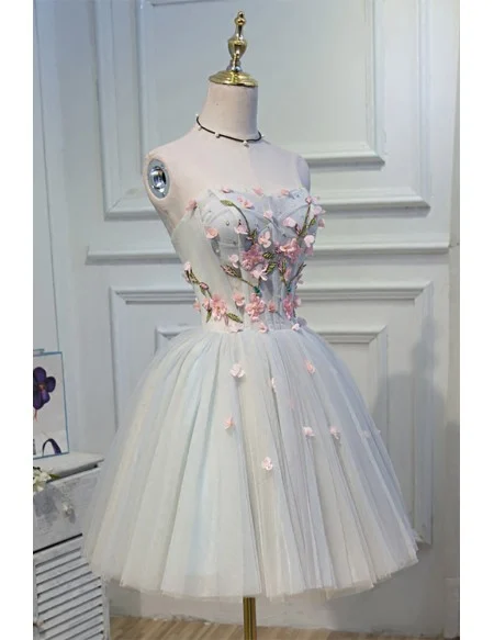 Light Grey Blue Beautiful Florals Short Prom Homecoming Dress Strapless