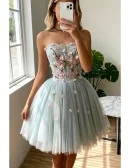 Light Grey Blue Beautiful Florals Short Prom Homecoming Dress Strapless