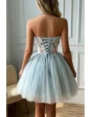 Light Grey Blue Beautiful Florals Short Prom Homecoming Dress Strapless