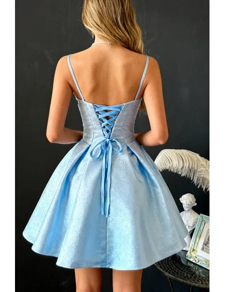 Sparkly Sky Blue Short Ruffled Party Dress with Straps