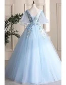 Beautiful Flowers Blue Ballgown Prom Dress With Puffy Sleeves