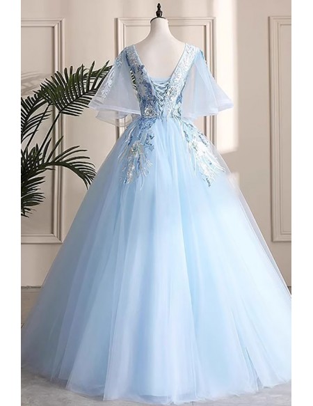 Beautiful Flowers Blue Ballgown Prom Dress With Puffy Sleeves