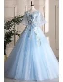Beautiful Flowers Blue Ballgown Prom Dress With Puffy Sleeves