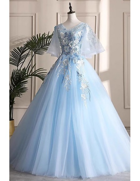 Beautiful Flowers Blue Ballgown Prom Dress With Puffy Sleeves