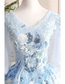 Beautiful Flowers Blue Ballgown Prom Dress With Puffy Sleeves