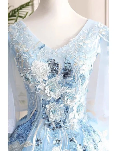 Beautiful Flowers Blue Ballgown Prom Dress With Puffy Sleeves