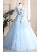 Beautiful Flowers Blue Ballgown Prom Dress With Puffy Sleeves