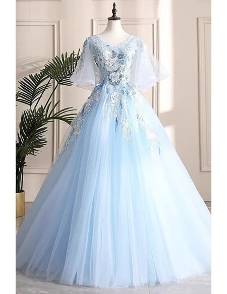 Beautiful Flowers Blue Ballgown Prom Dress With Puffy Sleeves