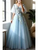 Beautiful Flowers Blue Ballgown Prom Dress With Puffy Sleeves