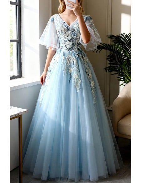 Beautiful Flowers Blue Ballgown Prom Dress With Puffy Sleeves