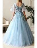 Beautiful Flowers Blue Ballgown Prom Dress With Puffy Sleeves