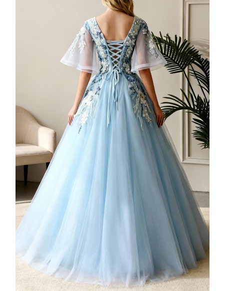 Beautiful Flowers Blue Ballgown Prom Dress With Puffy Sleeves