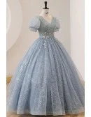 Pleated Vneck Ballgown Prom Dress Bubble Sleeved