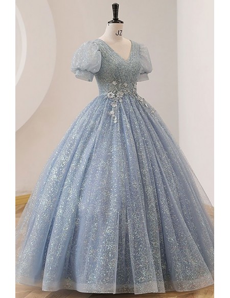 Pleated Vneck Ballgown Prom Dress Bubble Sleeved