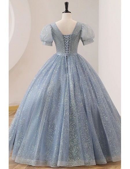 Pleated Vneck Ballgown Prom Dress Bubble Sleeved