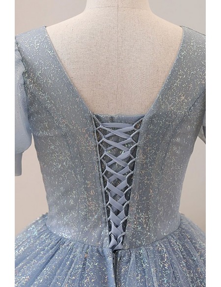 Pleated Vneck Ballgown Prom Dress Bubble Sleeved