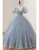 Pleated Vneck Ballgown Prom Dress Bubble Sleeved