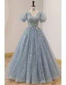 Pleated Vneck Ballgown Prom Dress Bubble Sleeved