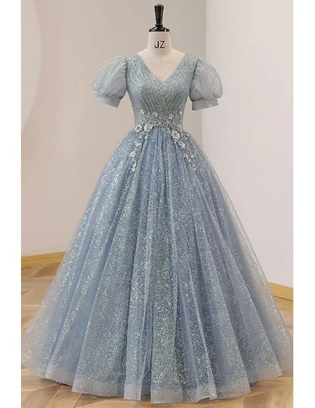 Pleated Vneck Ballgown Prom Dress Bubble Sleeved