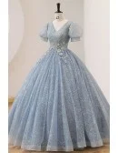 Pleated Vneck Ballgown Prom Dress Bubble Sleeved
