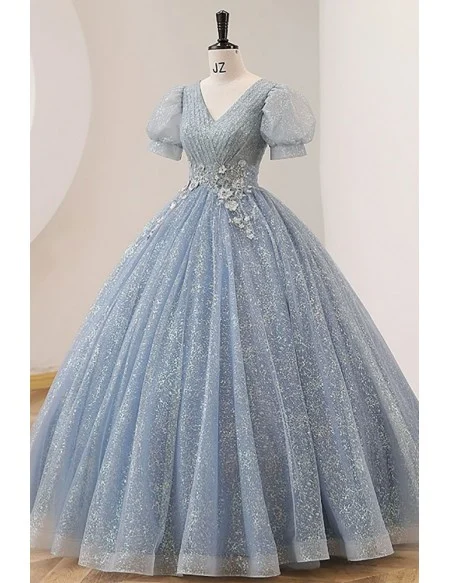 Pleated Vneck Ballgown Prom Dress Bubble Sleeved