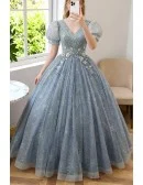 Pleated Vneck Ballgown Prom Dress Bubble Sleeved