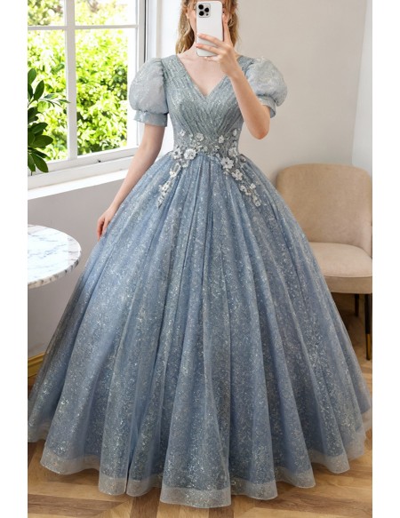 Pleated Vneck Ballgown Prom Dress Bubble Sleeved