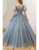 Pleated Vneck Ballgown Prom Dress Bubble Sleeved