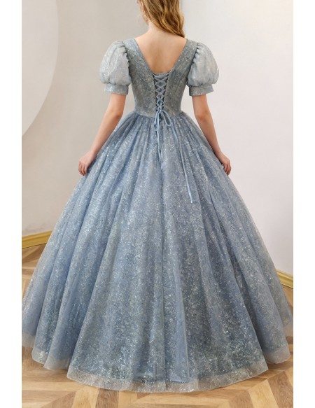 Pleated Vneck Ballgown Prom Dress Bubble Sleeved