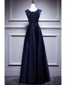 Elegant Navy Blue Satin Long Prom Dress Sleeveless