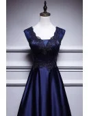 Elegant Navy Blue Satin Long Prom Dress Sleeveless