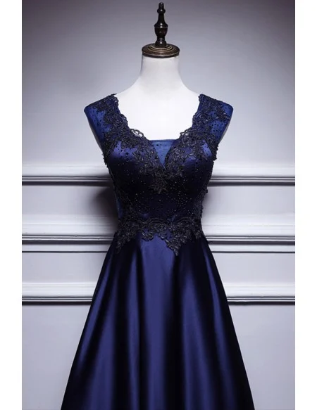 Elegant Navy Blue Satin Long Prom Dress Sleeveless