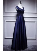 Elegant Navy Blue Satin Long Prom Dress Sleeveless