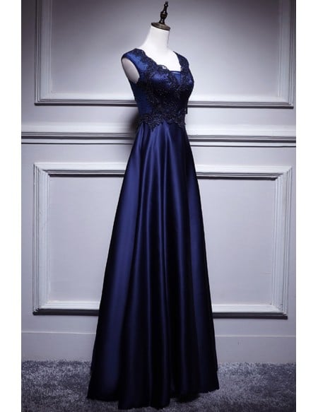 Elegant Navy Blue Satin Long Prom Dress Sleeveless