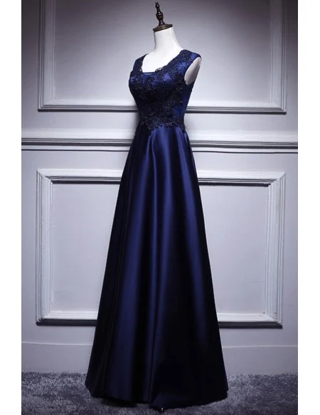 Elegant Navy Blue Satin Long Prom Dress Sleeveless