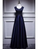 Elegant Navy Blue Satin Long Prom Dress Sleeveless