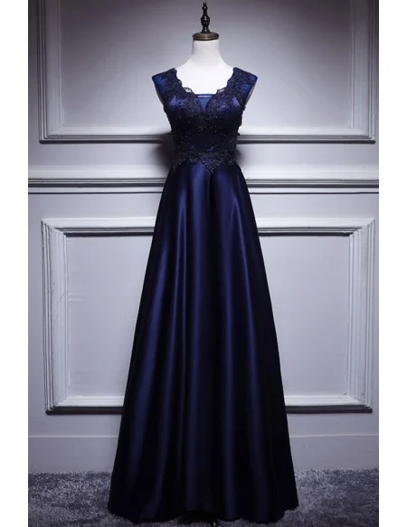 Elegant Navy Blue Satin Long Prom Dress Sleeveless