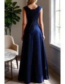 Elegant Navy Blue Satin Long Prom Dress Sleeveless