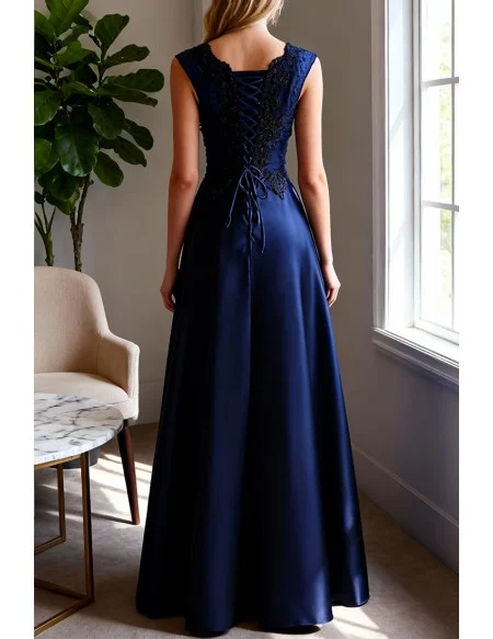 Elegant Navy Blue Satin Long Prom Dress Sleeveless