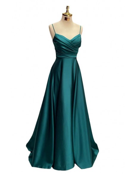 Slim Long Green Satin Aline Prom Dress With Straps