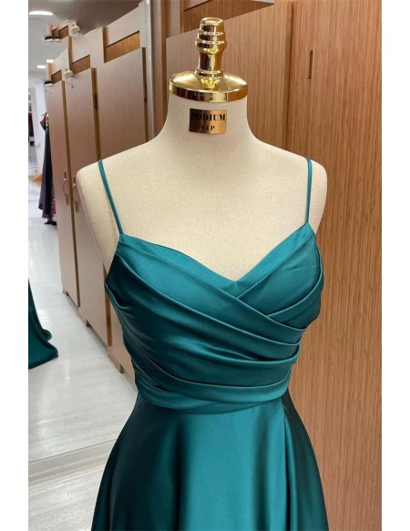 Slim Long Green Satin Aline Prom Dress With Straps