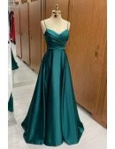 Slim Long Green Satin Aline Prom Dress With Straps